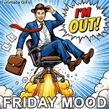 Animated Friday card with a funny twist. The happy employee escapes work with fire propelling his seat, creating an energetic and relatable weekend visual.