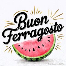 An elegant animation for Ferragosto featuring the words 'Buon Ferragosto' in a script font, with golden lines sparkling around it, resting above a vibrant watercolor watermelon slice.