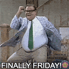 The classic Chris Farley Friday dance GIF, The actor wears a blue plaid coat and dances with chaotic energy in a house, The caption at the bottom reads 'FINALLY FRIDAY!'.