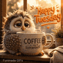 Adorable owl leaning against a steaming cup of coffee in the warm morning light of a window, accompanied by a potted plant and a cheerful Happy Tuesday message in orange script.