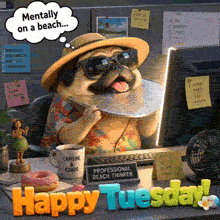 Humorous office cubicle scene featuring a pug as a Professional Beach Thinker with a Caffeine & Chaos mug, hula doll, and donut, lit by the glow of a computer monitor.