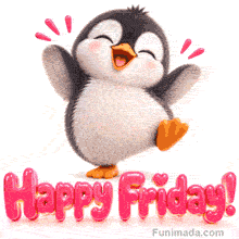 A joyful animated morning GIF showcasing a fluffy black and white 3D cartoon baby penguin jumping with arms raised above bold glossy pink bubble letters that read Happy Friday!.