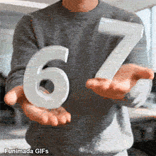 67 Meme. In this animation, a person expertly manipulates two large white numbers, a 6 and a 7, juggling them back and forth. The clean aesthetic makes it suitable for professional contexts.