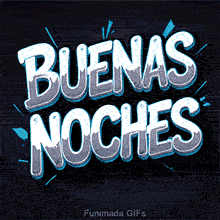 Animated GIF featuring the Spanish phrase 'Buenas Noches' in large, bold, comic-style white and blue letters against a dark background with light graphic accents.