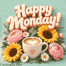 White mug with heart latte art tucked among yellow sunflowers, pink peonies, and daisies, topped with 3D white Happy Monday lettering on a light teal background.