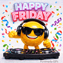 3D illustration of a party emoji spinning records on a digital deck. The background is filled with multi-colored confetti. Bright pink and white text at the top says 'HAPPY FRIDAY'.