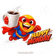 A powerful and happy Monday GIF. The superhero character soars with energy, bringing caffeine and good vibes to conquer the day.