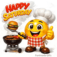 A cheerful yellow emoji chef grilling burgers and sausages on a kettle BBQ. He gives a thumbs up while holding a spatula. Large text in the smoke reads 'HAPPY SATURDAY'.