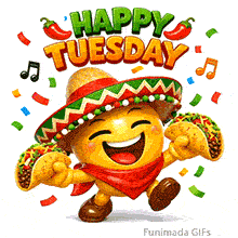 A vibrant and tasty Tuesday GIF. The smiling emoji and the Mexican-inspired design create a fun and energetic visual for a happy day.