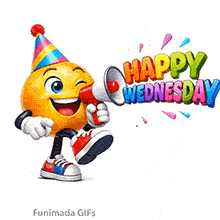 Cheerful Wednesday greeting featuring a walking emoji with a megaphone. The character wears a colorful hat and sneakers, shouting out a vibrant 'HAPPY WEDNESDAY' message.