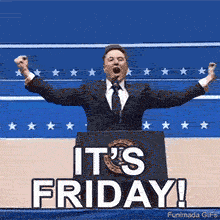 An animated meme GIF of Elon Musk shouting with his arms raised in celebration. He is wearing a suit and standing at a podium in front of a blue background with stars, with the text 'IT'S FRIDAY!'.