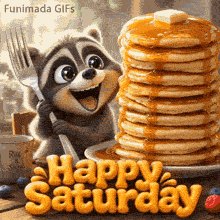 An adorable cartoon raccoon holds a large silver fork beside a towering stack of golden pancakes dripping with maple syrup and melting butter on a wooden table.
