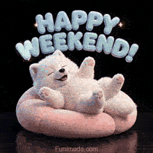 Fluffy white dog lies happily on its back atop a soft pink cushion with paws in the air while glossy light blue HAPPY WEEKEND lettering floats above amid small golden sparkles on black