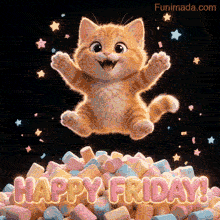 Adorable orange kitten jumps with arms raised above a pile of colorful marshmallows while bold pastel HAPPY FRIDAY lettering shines at the bottom amid floating stars and confetti on black