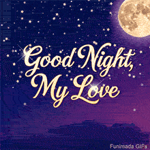A romantic animation featuring a starry night scene with a bright moon, The words 'Good Night, My Love' sparkle in a golden, cursive font against a purple and blue sky.