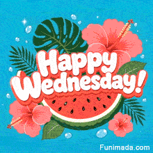 Bubbly 3D Happy Wednesday text with water droplets set against a ripe watermelon slice, surrounded by vibrant pink hibiscus flowers and monstera leaves on aqua blue.