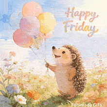 A gentle and happy Friday GIF. The hand-painted hedgehog character and the blooming field offer a lovely, nature-inspired greeting to share with friends.