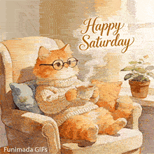 Animated Saturday card with a hygge vibe. The contented feline enjoys a quiet moment by the window, creating a warm and inviting scene perfect for a lazy weekend morning.