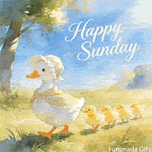 Animated Sunday card with a pastoral theme. The gentle mother duck and her babies stroll under a blue sky, creating a peaceful and loving visual for the weekend.
