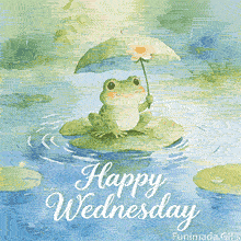 A heartwarming and gentle Wednesday GIF. The hand-painted art of the frog and the water ripples offers a soothing and lovely greeting to brighten the day.