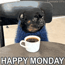 Funny black dog looking contemplative while sitting at a table with a white mug of coffee, wearing a blue sweater, captioned with HAPPY MONDAY against a neutral background.