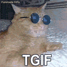 A close-up of a ginger cat wearing cool, round blue sunglasses. The cat is lying on a textured white bedspread and rhythmically bobbing its head side-to-side as if dancing to music. The letters 'TGIF' are overlaid in large white font with a dark border.