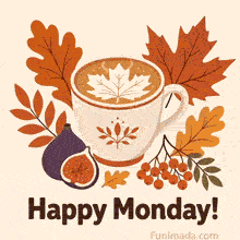 White ceramic cup with maple leaf latte art sits among orange and brown autumn leaves a ripe fig and red berries while bold brown Happy Monday lettering appears below on a soft beige background