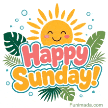 Bright cartoon sun beaming with rosy cheeks and golden rays appears over bold coral and yellow Happy Sunday lettering edged in turquoise amid lush green tropical leaves and scattered light blue circles