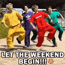 A 'Happy Weekend' GIF showing four guys in yellow, purple, red, and green tracksuits doing an energetic and goofy dance routine in perfect sync to celebrate the weekend.
