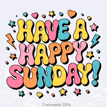 Retro-style animated GIF featuring the phrase HAVE A HAPPY SUNDAY in large, colorful bubble letters surrounded by floating hearts, stars, and lightning bolts on a white background.