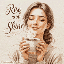 Animated GIF of a smiling woman holding a steaming cup of coffee with the elegant text 'Rise and Shine' next to her, in a soft beige-toned illustration style.