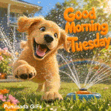 A happy 3D cartoon Golden Retriever puppy runs toward the camera through a lawn sprinkler. Water splashes everywhere in a sunny backyard. Orange 3D text reads Good Morning Tuesday.