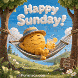Cheerful emoji face with closed happy eyes rests in a hammock amid green trees and hills as it sips citrus drink with a blue straw near a wooden sign reading Relax Refresh Enjoy