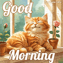 A peaceful 'Good Morning' GIF. A fluffy orange cat is lying on a windowsill, smiling with pure bliss as it enjoys the morning sunlight. Animated sparkles gently float by.