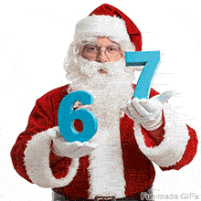 67 meme GIF. Santa Claus stands against a white background holding a large blue number '6' in one hand and a '7' in the other, referencing the viral 67 internet trend.
