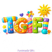 A playful and textured TGIF GIF. The colorful, rounded clay typography stands out on a clean white backdrop, creating a joyful and childlike celebration of the weekend's arrival.