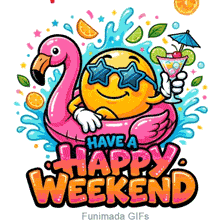 A happy yellow smiley face wearing blue star-shaped sunglasses lounges in a pink flamingo pool float while holding a tropical cocktail against a splashy blue water background.