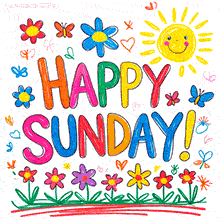 Animated greeting with a child-like drawing style. It says 'HAPPY SUNDAY!' in rainbow-colored text, surrounded by cute illustrations of a happy sun, flowers, and fluttering butterflies.