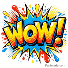 Large yellow 3D letters spelling Wow with an exclamation point set against a spiky blue and gold starburst background