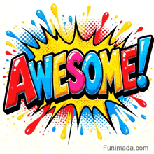 Pop art text illustration showing the word Awesome followed by a prominent exclamation point amidst colorful ink splatters