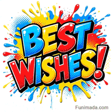 Retro styled text illustration showing the words Best Wishes in 3D typography surrounded by red, yellow, and blue liquid drops