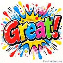 Rainbow colored letters spelling Great inside a jagged black frame surrounded by a cheerful explosion of primary colors