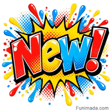 Thick block font spelling New with a red exclamation point inside an exploding yellow cartoon speech bubble