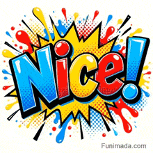 Retro styled message Nice in 3D blue, red, and yellow typography surrounded by colorful ink splashes and dots