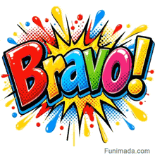 Thick 3D bubble lettering spelling Bravo with a giant yellow exclamation mark over a retro spiky cartoon blast
