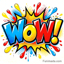 Bold letters spelling Wow with an exclamation point styled as a comic blast featuring blue, yellow, and red colors