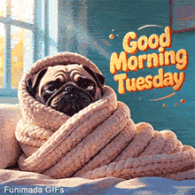 A grumpy pug dog tightly wrapped like a burrito in a chunky pink knitted blanket on a bed, illuminated by morning sun rays with 3D orange text reading Good Morning Tuesday.