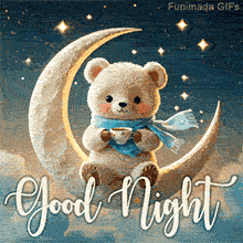 A fluffy white bear with rosy cheeks and a scarf sits on a glowing crescent moon in the night sky, sipping from a mug, with twinkling stars and 'Good Night' text.