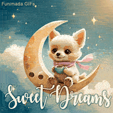 Animated GIF of a small fluffy puppy sitting on a crescent moon, wearing a scarf and holding a steaming cup, with a sky full of glowing stars and 'Sweet Dreams' text.