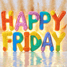 A bright and powerful animation shows the colorful words 'Happy Friday!' burning with a fiery glow and exploding, The letters stand on a surface that reflects their fiery light.